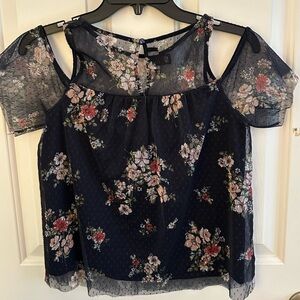 Iz Byer Navy Floral Cold Shoulder Blouse